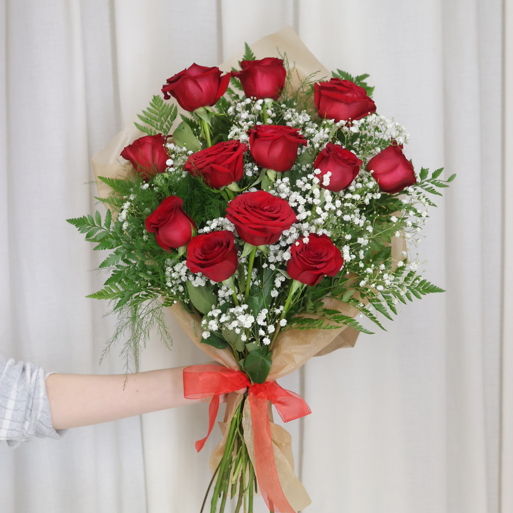 1 Dozen (12) Wrapped Roses w/ Filler & Greens