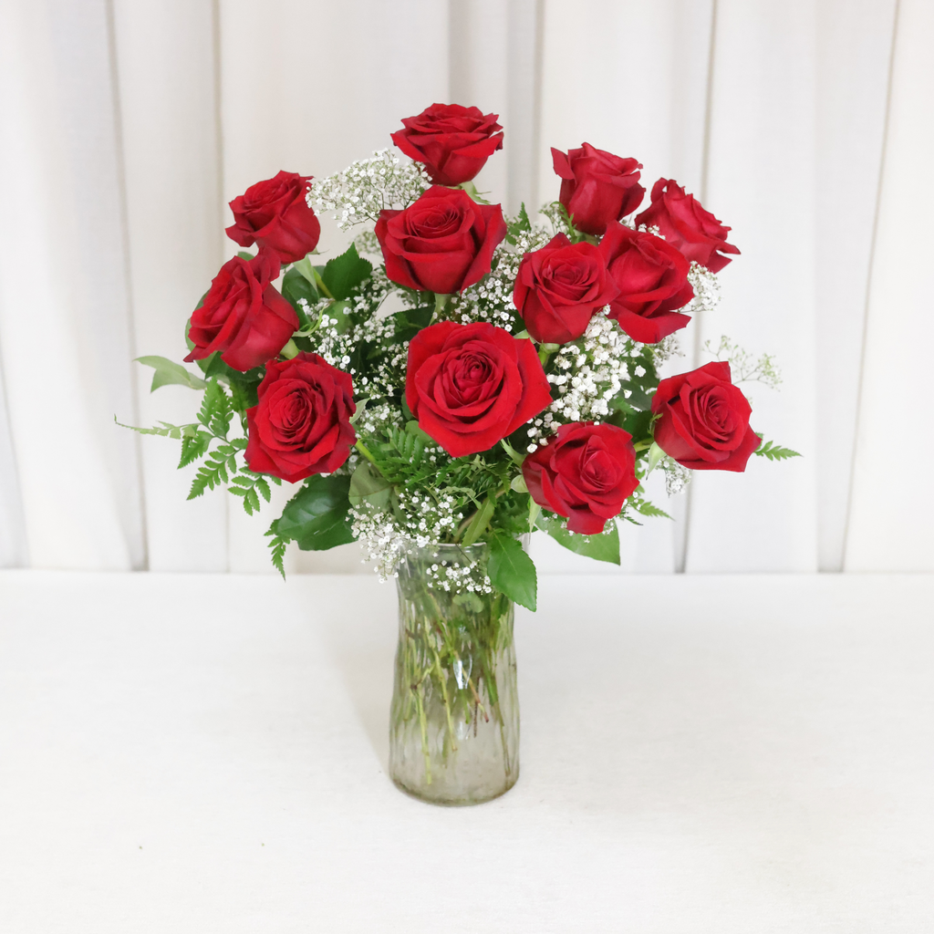 One Dozen Vased Roses