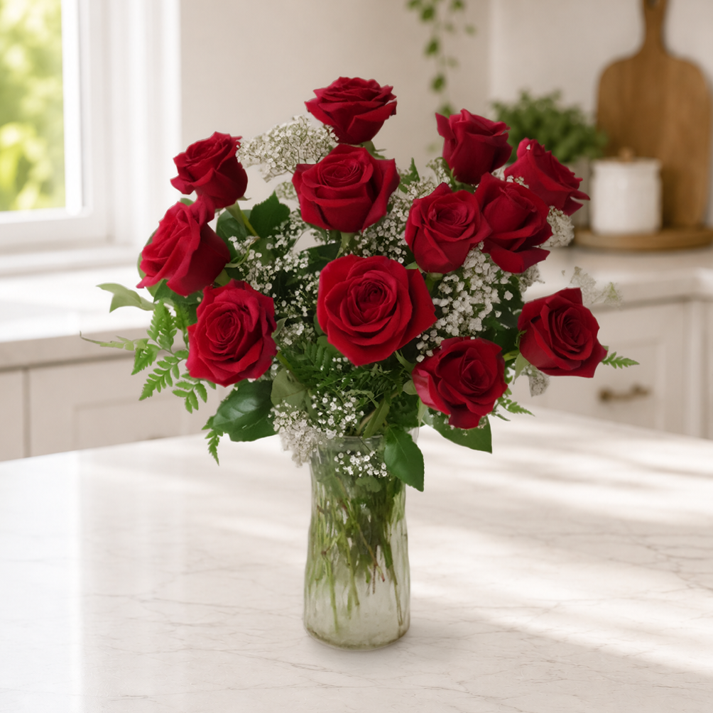 One Dozen Vased Roses